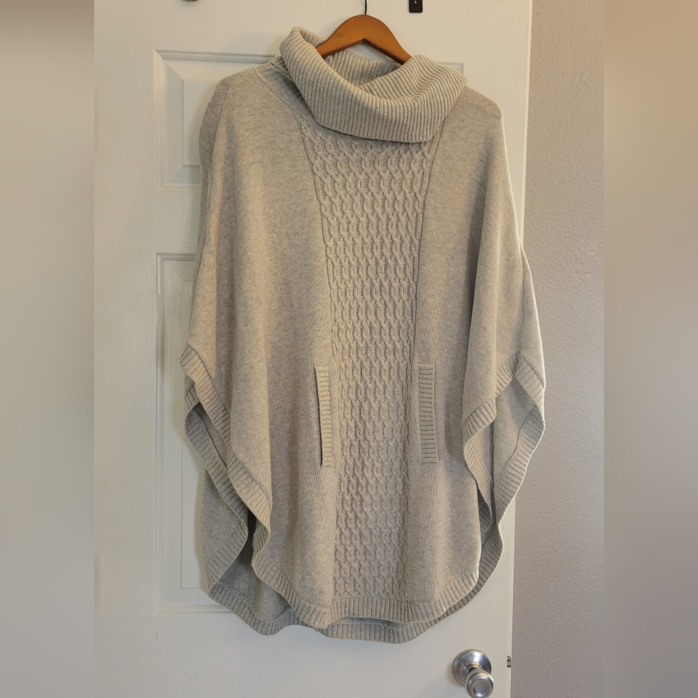 CAbi Cream Cable-Knit Turtleneck Poncho